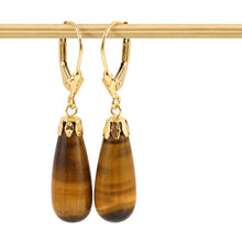 Load image into Gallery viewer, 14k Yellow Gold Lever Back Cups Genuine Brown Tiger-Eye Dangle Earrings