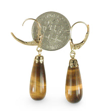 Load image into Gallery viewer, 14k Yellow Gold Lever Back Cups Genuine Brown Tiger-Eye Dangle Earrings