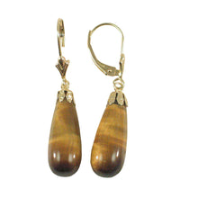 Load image into Gallery viewer, 14k Yellow Gold Lever Back Cups Genuine Brown Tiger-Eye Dangle Earrings