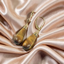 Load image into Gallery viewer, 14k Yellow Gold Lever Back Cups Genuine Brown Tiger-Eye Dangle Earrings