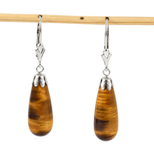 Load image into Gallery viewer, 14k Solid White Gold Leverback Cups Genuine Brown Tiger-Eye Dangle Earrings