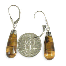 Load image into Gallery viewer, 14k Solid White Gold Leverback Cups Genuine Brown Tiger-Eye Dangle Earrings