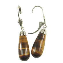 Load image into Gallery viewer, 14k Solid White Gold Leverback Cups Genuine Brown Tiger-Eye Dangle Earrings