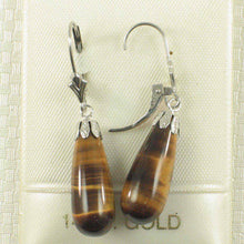 Load image into Gallery viewer, 14k Solid White Gold Leverback Cups Genuine Brown Tiger-Eye Dangle Earrings