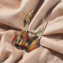 Load image into Gallery viewer, 14k Solid White Gold Leverback Cups Genuine Brown Tiger-Eye Dangle Earrings