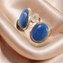 Load image into Gallery viewer, 14k Solid Yellow Gold Genuine Oval Cabochon Lapis Lazuli Stud Earrings