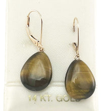 Load image into Gallery viewer, 14kt Solid Rose Gold Leverback Genuine Brown Tiger-Eye Dangle Earrings