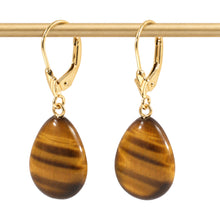 Load image into Gallery viewer, 14k Yellow Solid Gold Lever Back Genuine Brown Tiger-Eye Dangle Earrings