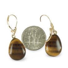 Load image into Gallery viewer, 14k Yellow Solid Gold Lever Back Genuine Brown Tiger-Eye Dangle Earrings