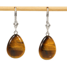 Load image into Gallery viewer, 14k White Solid Gold Lever Back Genuine Brown Tiger-Eye Dangle Earrings