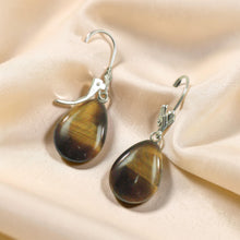 Load image into Gallery viewer, 14k White Solid Gold Lever Back Genuine Brown Tiger-Eye Dangle Earrings