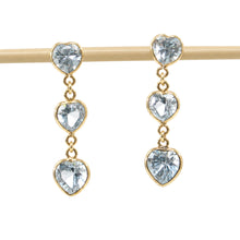 Load image into Gallery viewer, 14k Yellow Solid Gold Love &amp; Heart Shaped Blue Topaz Dangle Stud Earrings