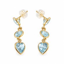 Load image into Gallery viewer, 14k Yellow Solid Gold Love &amp; Heart Shaped Blue Topaz Dangle Stud Earrings