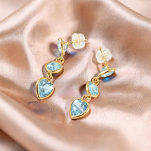 Load image into Gallery viewer, 14k Yellow Solid Gold Love &amp; Heart Shaped Blue Topaz Dangle Stud Earrings
