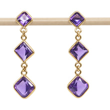 Load image into Gallery viewer, 14k Yellow Solid Gold Triple Genuine Purple Amethyst Dangle Stud Earrings