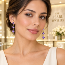 Load image into Gallery viewer, 14k Yellow Solid Gold Triple Genuine Purple Amethyst Dangle Stud Earrings