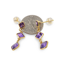 Load image into Gallery viewer, 14k Yellow Solid Gold Triple Genuine Purple Amethyst Dangle Stud Earrings