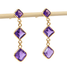 Load image into Gallery viewer, 14k Yellow Solid Gold Triple Genuine Purple Amethyst Dangle Stud Earrings