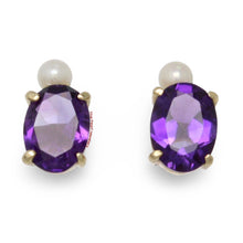 Load image into Gallery viewer, 14k Yellow Gold Genuine Oval Purple Amethyst &amp; Cultured Pearl Stud Earrings