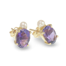 Load image into Gallery viewer, 14k Yellow Gold Genuine Oval Purple Amethyst &amp; Cultured Pearl Stud Earrings