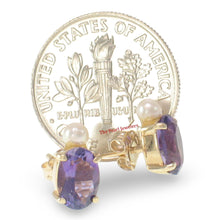 Load image into Gallery viewer, 14k Yellow Gold Genuine Oval Purple Amethyst &amp; Cultured Pearl Stud Earrings