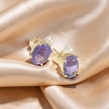 Load image into Gallery viewer, 14k Yellow Gold Genuine Oval Purple Amethyst &amp; Cultured Pearl Stud Earrings
