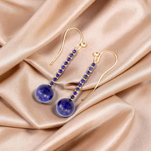 Load image into Gallery viewer, Real 14K Yellow Gold Genuine Blue Lapis Lazuli Dangling Hook Earrings