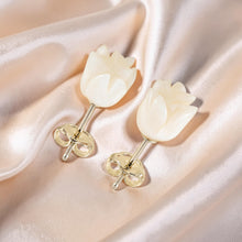 Load image into Gallery viewer, 14k Solid Yellow Gold Hand Carved Rose Genuine Peach Coral Stud Earrings