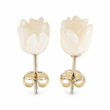 Load image into Gallery viewer, 14k Solid Yellow Gold Hand Carved Rose Genuine Peach Coral Stud Earrings