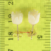 Load image into Gallery viewer, 14k Solid Yellow Gold Hand Carved Rose Genuine Peach Coral Stud Earrings