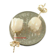 Load image into Gallery viewer, 14k Solid Yellow Gold Hand Carved Rose Genuine Peach Coral Stud Earrings