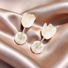 Load image into Gallery viewer, 14k Solid Yellow Gold Hand Carved Rose Genuine Peach Coral Stud Earrings