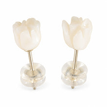 Load image into Gallery viewer, 14k Solid Yellow Gold Hand Carved Rose Genuine Peach Coral Stud Earrings
