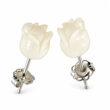 Load image into Gallery viewer, 14k White Solid Gold Hand Carved Rose Genuine Peach Coral Stud Earrings