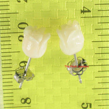 Load image into Gallery viewer, 14k White Solid Gold Hand Carved Rose Genuine Peach Coral Stud Earrings