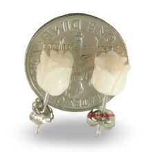 Load image into Gallery viewer, 14k White Solid Gold Hand Carved Rose Genuine Peach Coral Stud Earrings