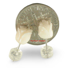 Load image into Gallery viewer, 14k White Solid Gold Hand Carved Rose Genuine Peach Coral Stud Earrings