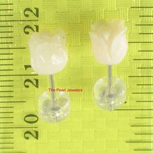 Load image into Gallery viewer, 14k White Solid Gold Hand Carved Rose Genuine Peach Coral Stud Earrings