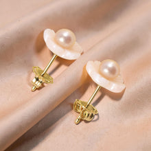 Load image into Gallery viewer, Natural Angel Skin Coral Carved Flower &amp; Pearl 14K Solid Yellow Gold Earrings