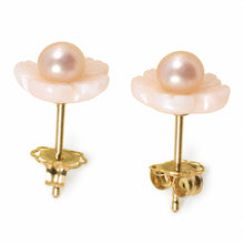 Load image into Gallery viewer, Natural Angel Skin Coral Carved Flower &amp; Pearl 14K Solid Yellow Gold Earrings
