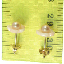 Load image into Gallery viewer, Natural Angel Skin Coral Carved Flower &amp; Pearl 14K Solid Yellow Gold Earrings