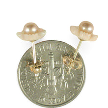 Load image into Gallery viewer, Natural Angel Skin Coral Carved Flower &amp; Pearl 14K Solid Yellow Gold Earrings
