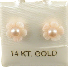 Load image into Gallery viewer, Natural Angel Skin Coral Carved Flower &amp; Pearl 14K Solid Yellow Gold Earrings