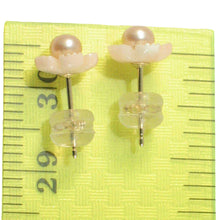 Load image into Gallery viewer, Natural Angel Skin Coral Carved Flower &amp; Pearl 14K Solid Yellow Gold Earrings