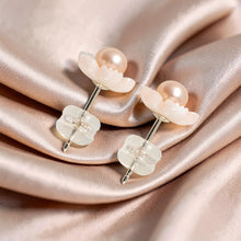 Load image into Gallery viewer, Natural Angel Skin Coral Carved Flower &amp; Pearl 14K Solid Yellow Gold Earrings