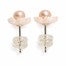 Load image into Gallery viewer, Natural Angel Skin Coral Carved Flower &amp; Pearl 14K Solid Yellow Gold Earrings