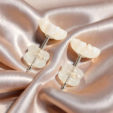 Load image into Gallery viewer, Natural Pale Pink Coral Carved Flower 14K Solid Yellow Gold Stud Earrings