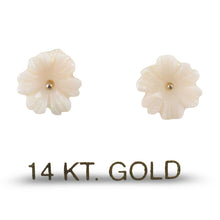 Load image into Gallery viewer, Natural Pale Pink Coral Carved Flower 14K Solid Yellow Gold Stud Earrings