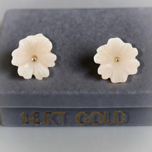 Load image into Gallery viewer, Natural Pale Pink Coral Carved Flower 14K Solid Yellow Gold Stud Earrings