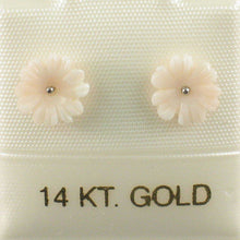 Load image into Gallery viewer, 14K Solid White Gold Stud Earrings Natural Pale Pink Coral Carved Flower